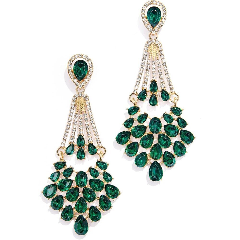 Vintage Flapper Earrings Green Rhinestone Dangle Pearl Gatsby Costume Jewelry